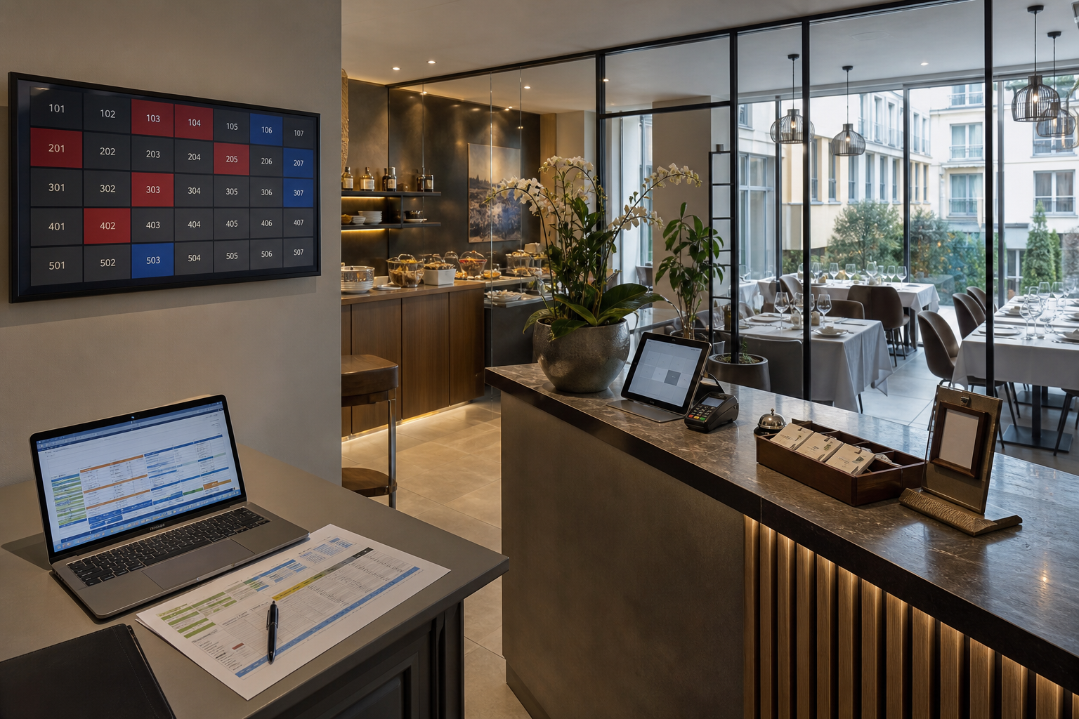 Lobby d’hôtel moderne avec réception, tableau de suivi, ordinateur et vue sur la salle du restaurant, illustrant le pilotage du revenue management hôtelier.