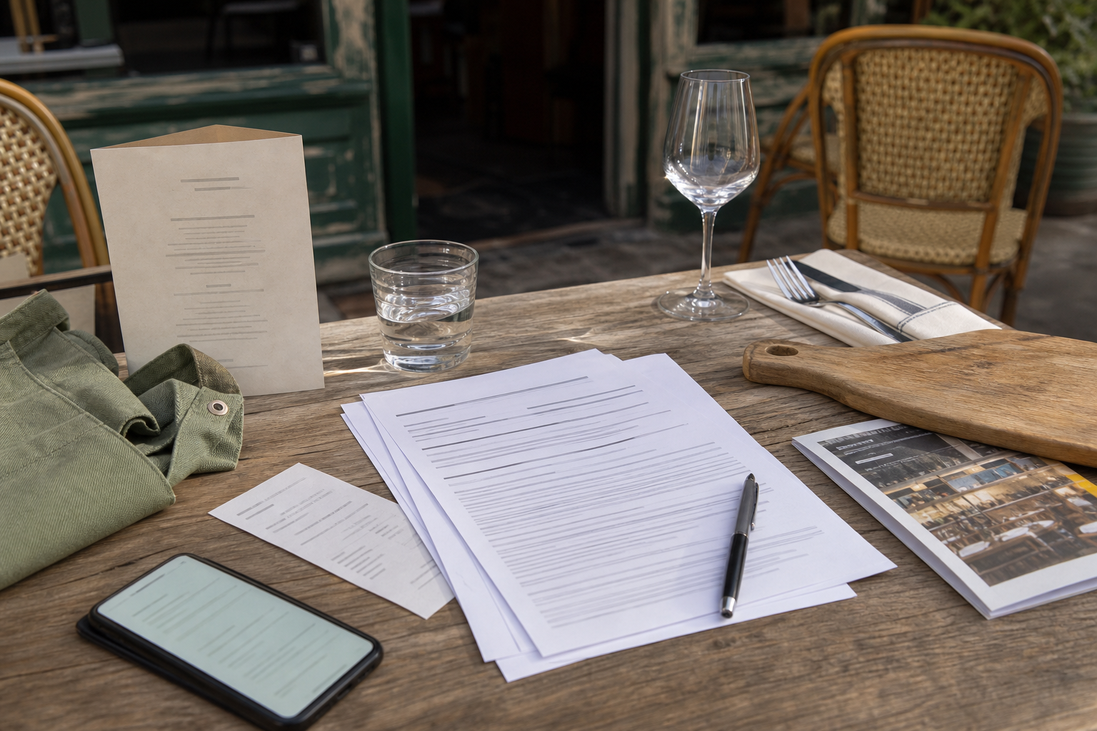 Vue de dessus d’un dossier de financement France Travail AIF pour un permis d’exploitation, posé sur une table de terrasse de café avec documents, stylo et signes CHR.