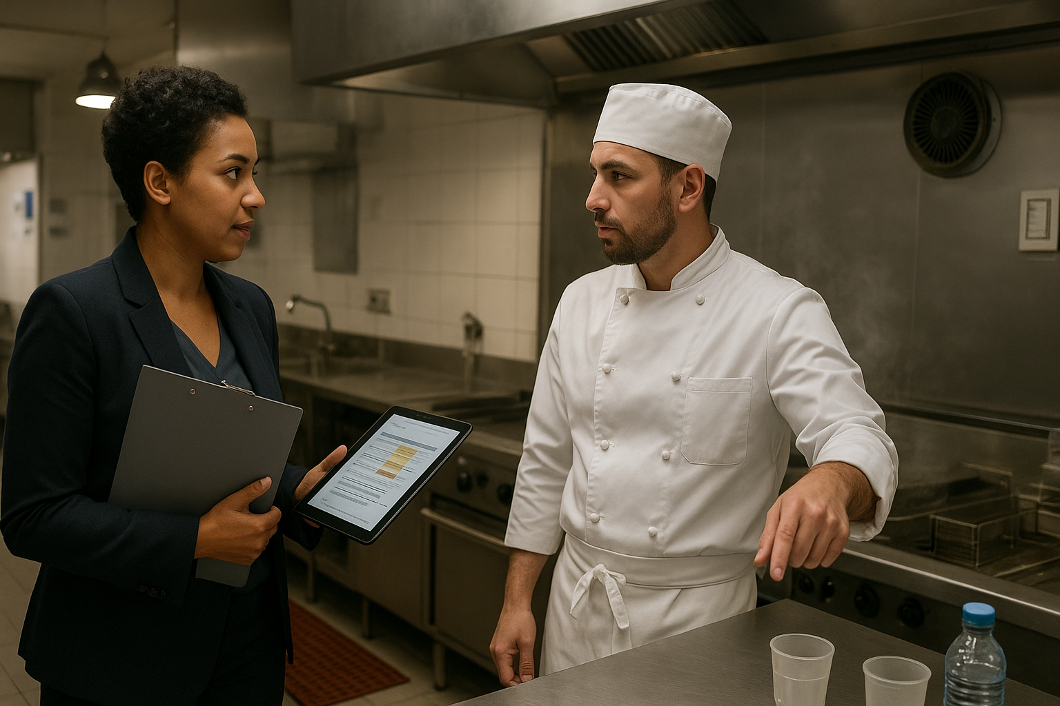 Gérant et chef en cuisine professionnelle CHR mettant à jour le DUERP, avec focus sur le risque chaleur et la prévention en période de canicule.
