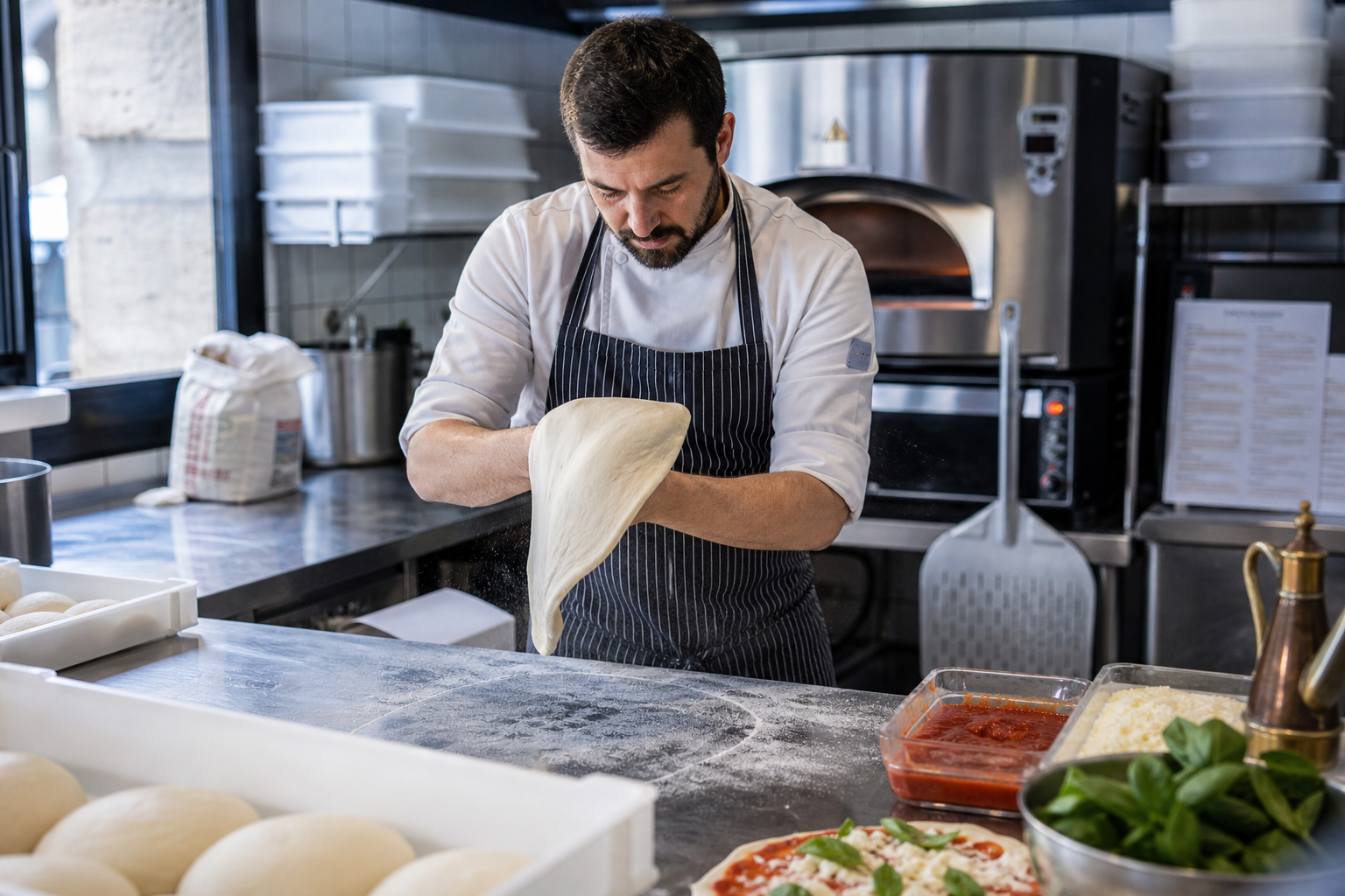 Pizzaïolo professionnel en action dans une pizzeria française, en train d’étaler une pâte devant un four et un plan de travail inox, illustrant la formation TFP Pizzaïolo en alternance.