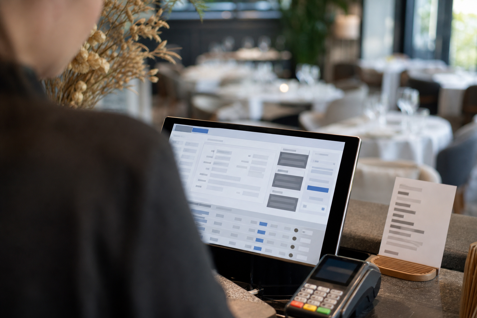 Interface de réservation en restaurant avec terminal de paiement, carte bancaire et contexte RGPD anti no-show en France