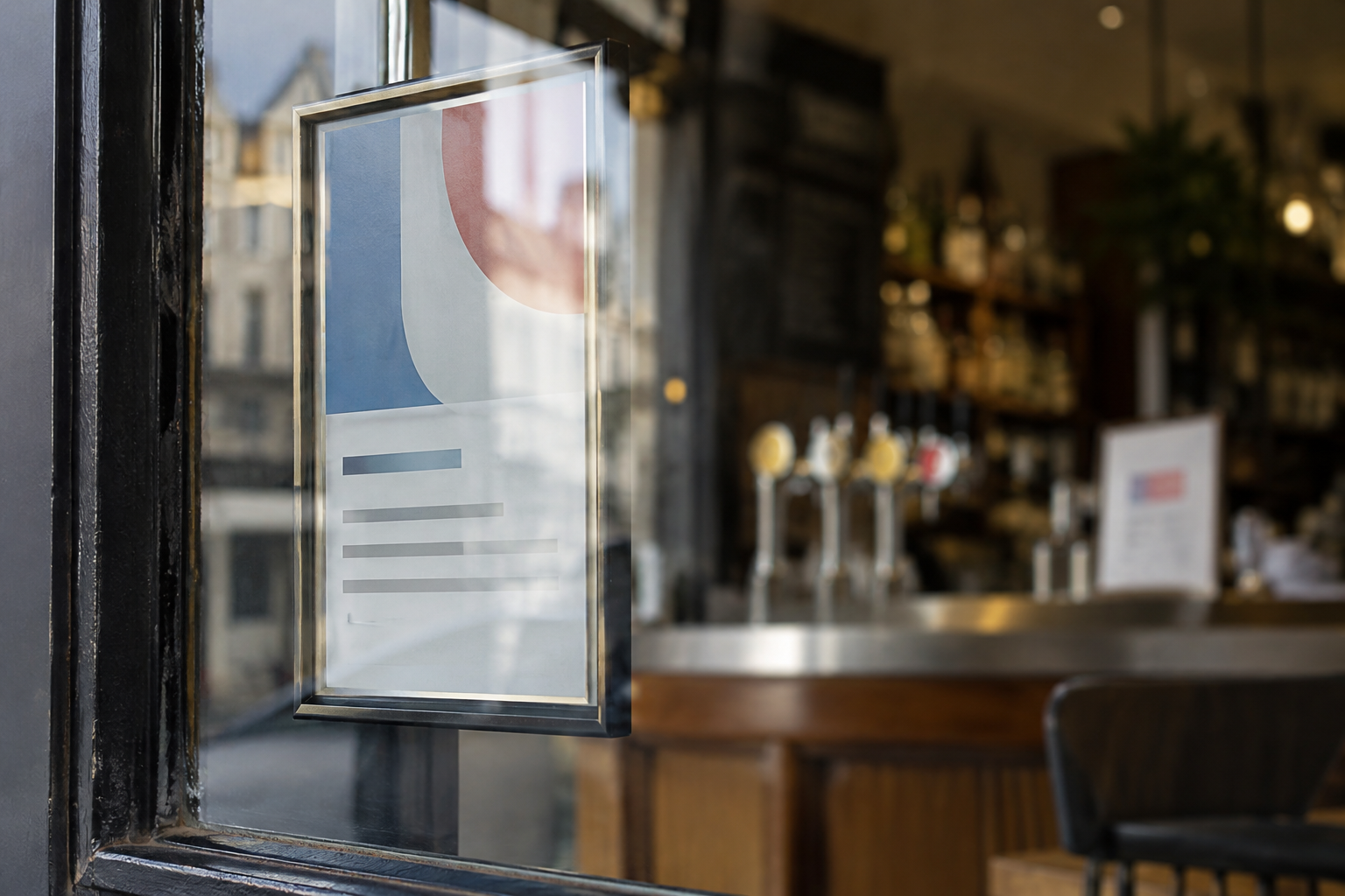 Label encadré sur la vitrine d’un bar, avec le comptoir et les tireuses visibles en arrière-plan à travers le verre.