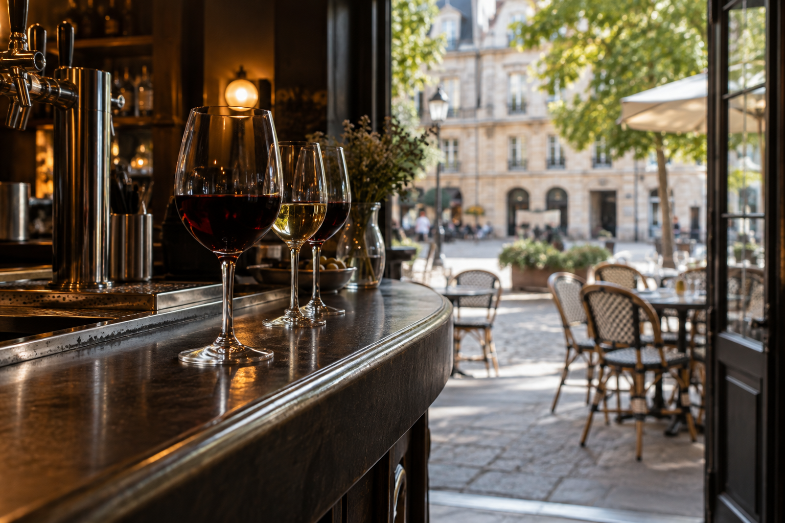 Verres à vin alignés sur un comptoir de café, avec une terrasse et une place en pierre visibles à l’arrière-plan.