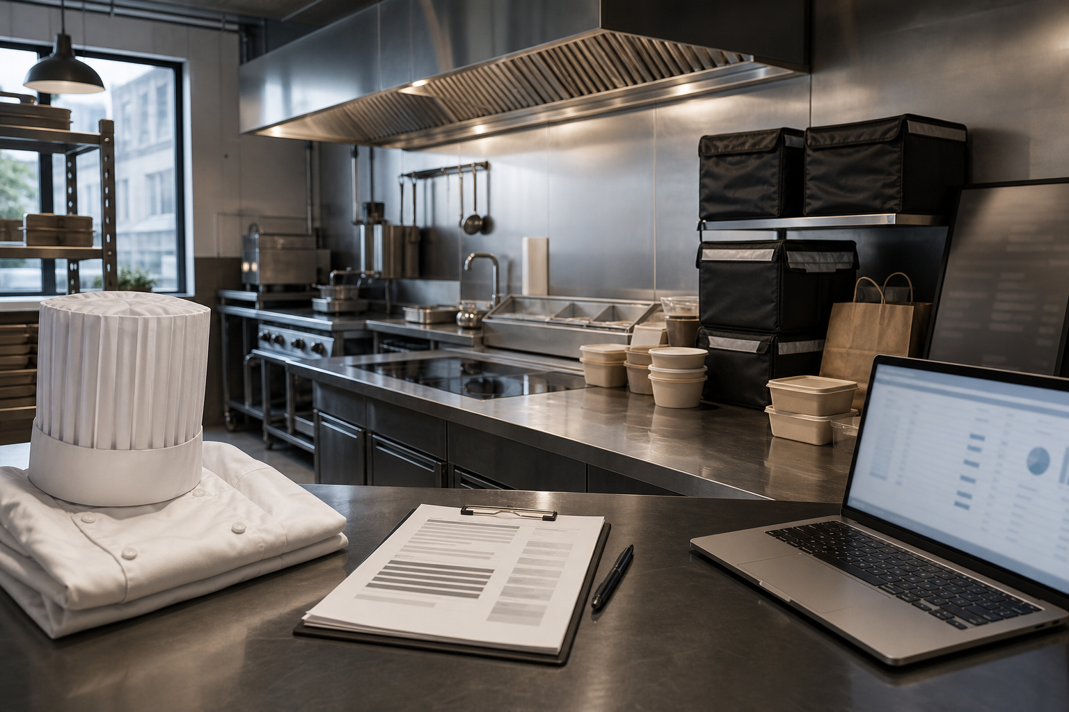 Cuisine professionnelle vide d’une dark kitchen en préparation avant ouverture, avec inox, extraction, emballages de livraison, toque et veste de chef posées, ambiance photo éditoriale réaliste.