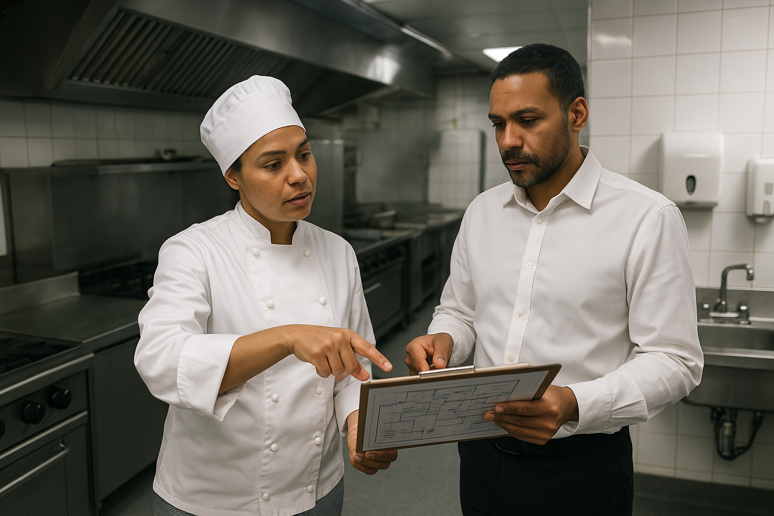 Chef et responsable hygiène inspectant une cuisine professionnelle CHR : sol antidérapant, murs lessivables, hotte d’extraction et lave-mains à commande non manuelle
