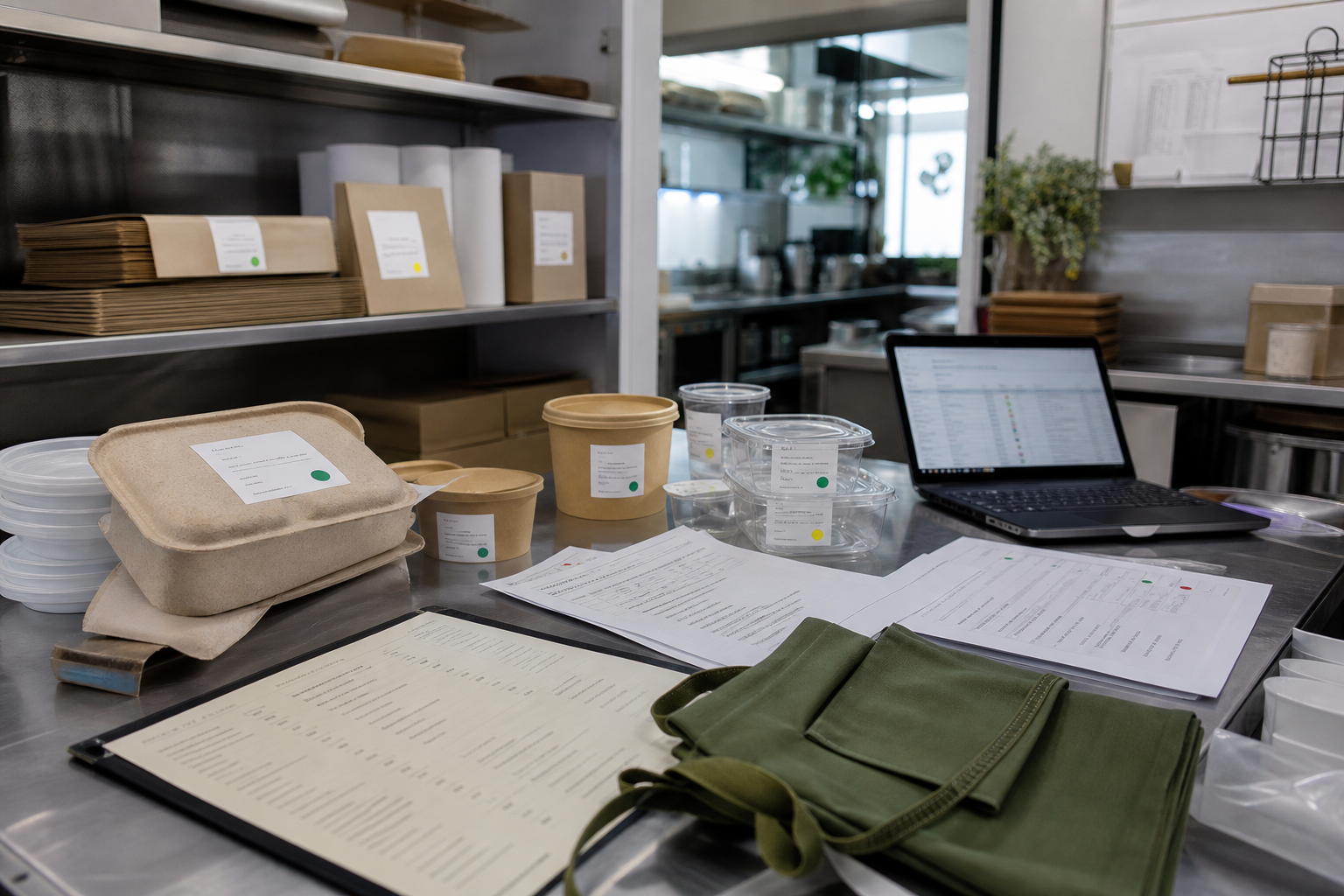 Vue documentaire d’un espace de travail CHR avec emballages de service, documents de suivi et écran de déclaration flou pour illustrer la REP emballages professionnels.