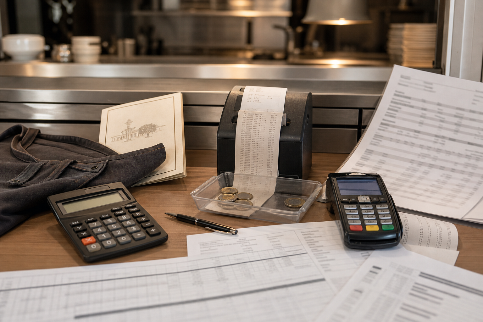 Vue plongeante d’un bureau CHR avec documents de paie, ticket TPE, pièces, calculatrice et menu de restaurant pour illustrer l’exonération des pourboires en 2028.