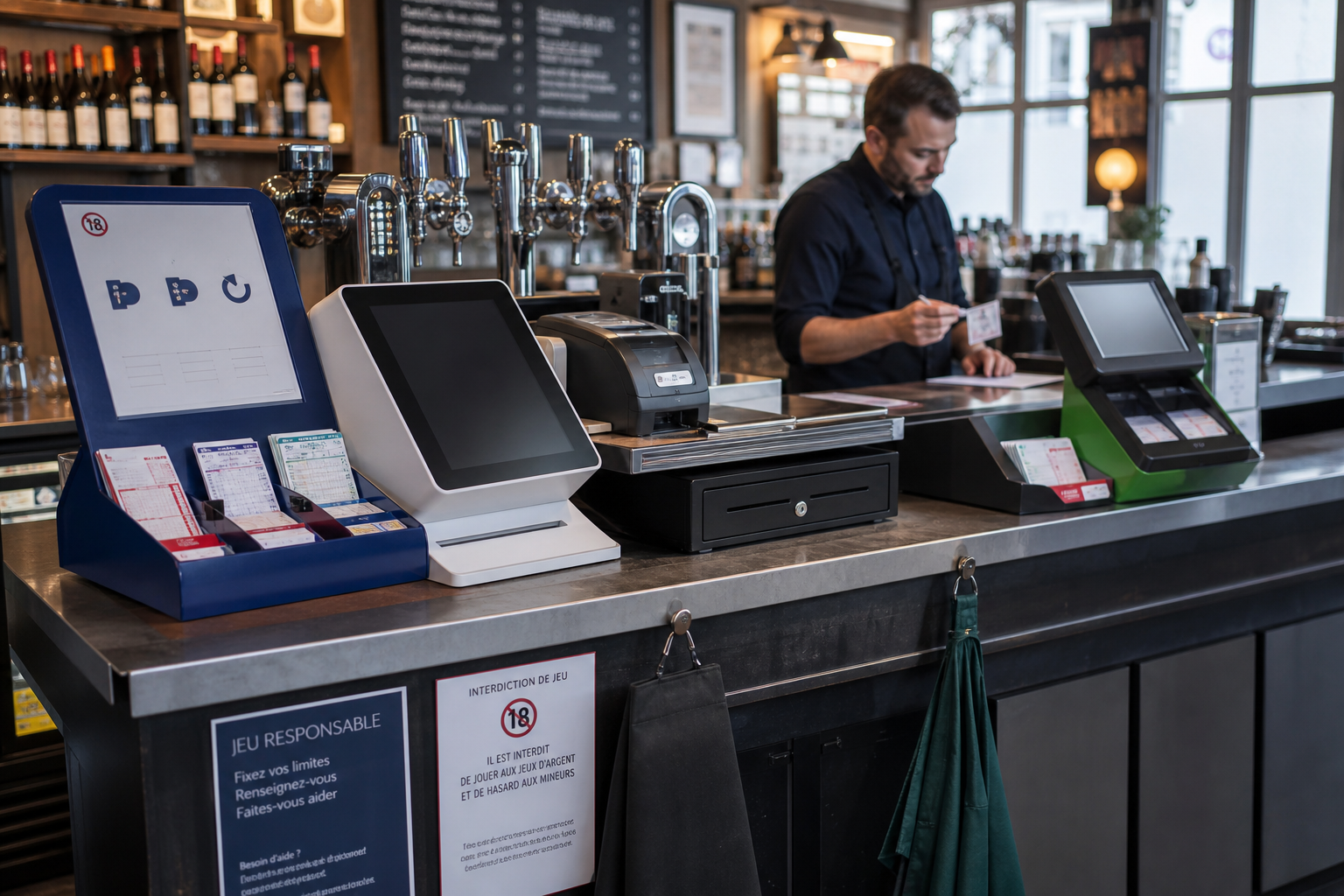 Bar français avec terminal FDJ et espace PMU, contrôle d’identité au comptoir et ambiance de conformité réglementaire.