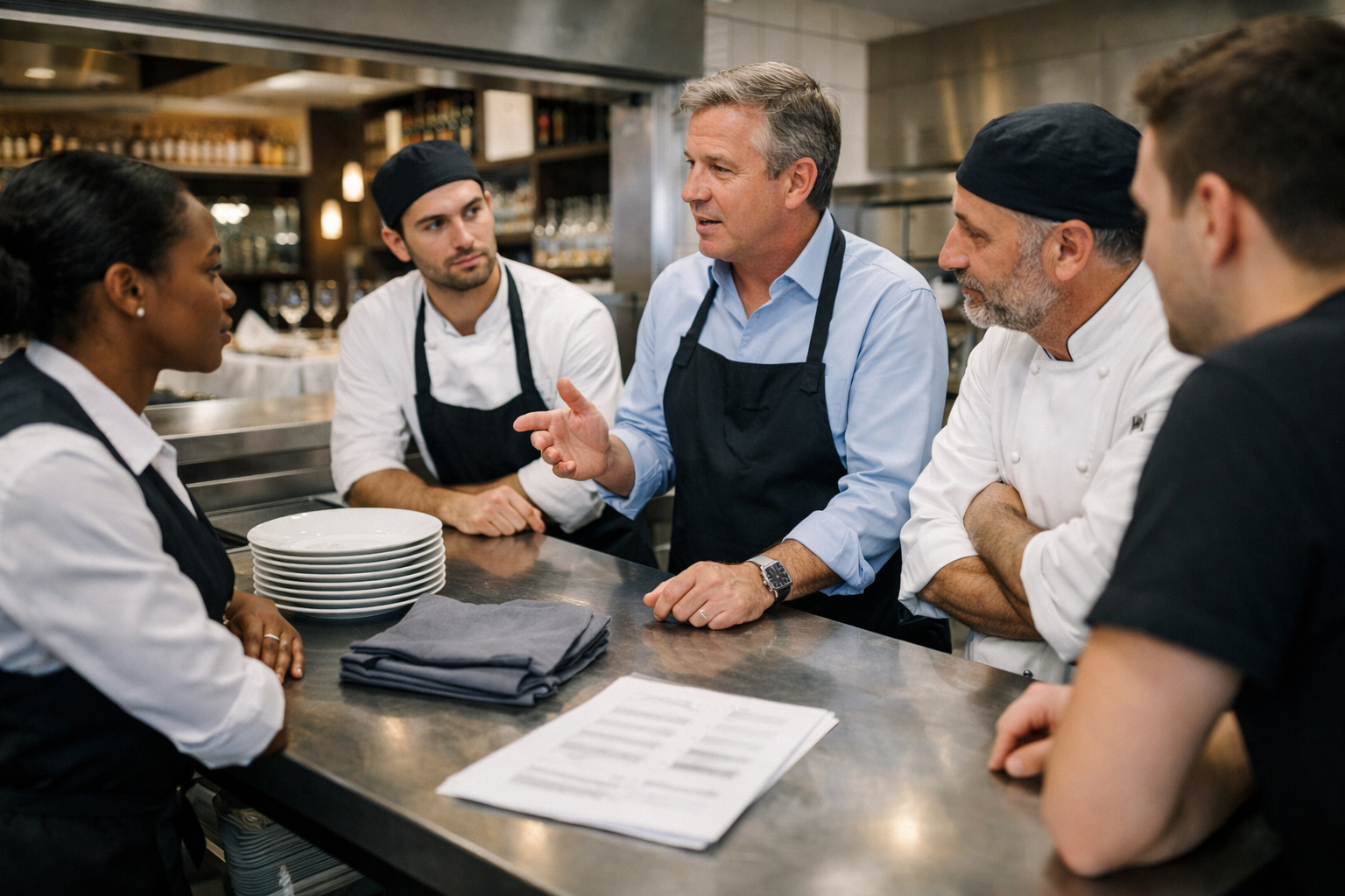 Équipe CHR en briefing avant service dans un restaurant, avec manager de proximité, cuisine inox et salle dressée en arrière-plan.