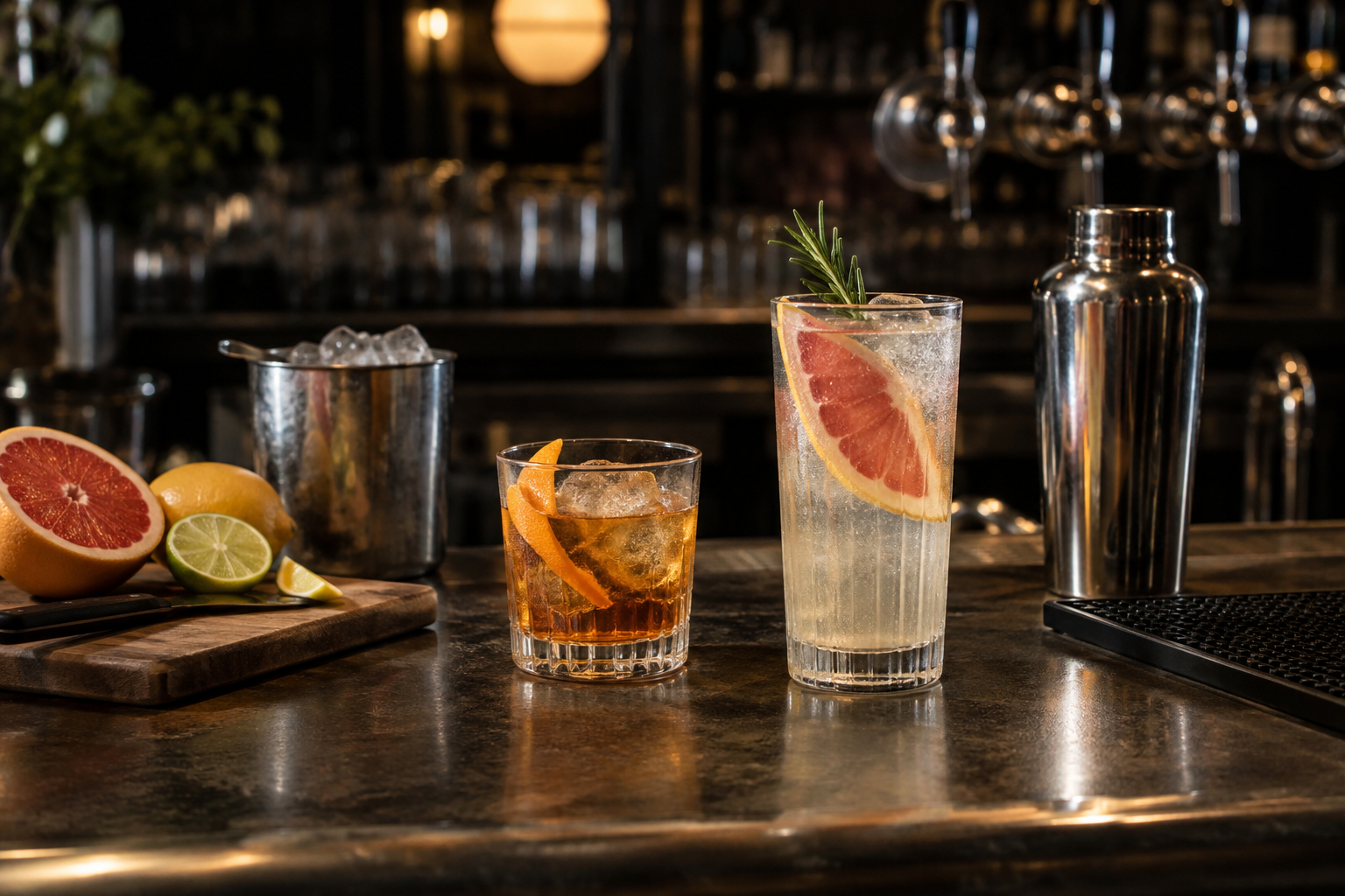 Cocktail ambré et boisson sans alcool aux agrumes sur un comptoir de bar, à côté d’un shaker et de glaçons.