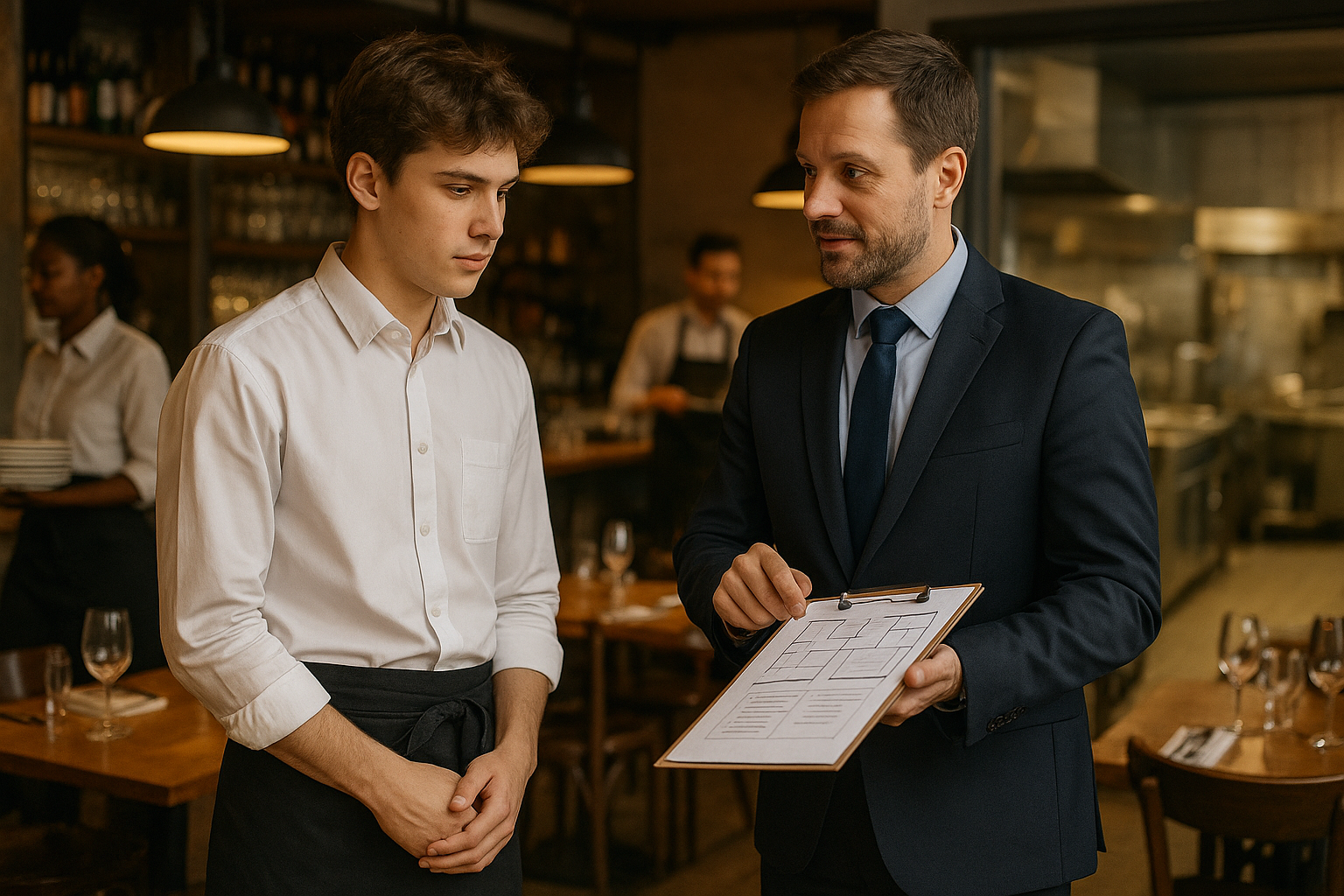 Brief d’intégration entre un tuteur et un jeune serveur Gen Z dans un restaurant français, avec bar et cuisine professionnelle en arrière-plan