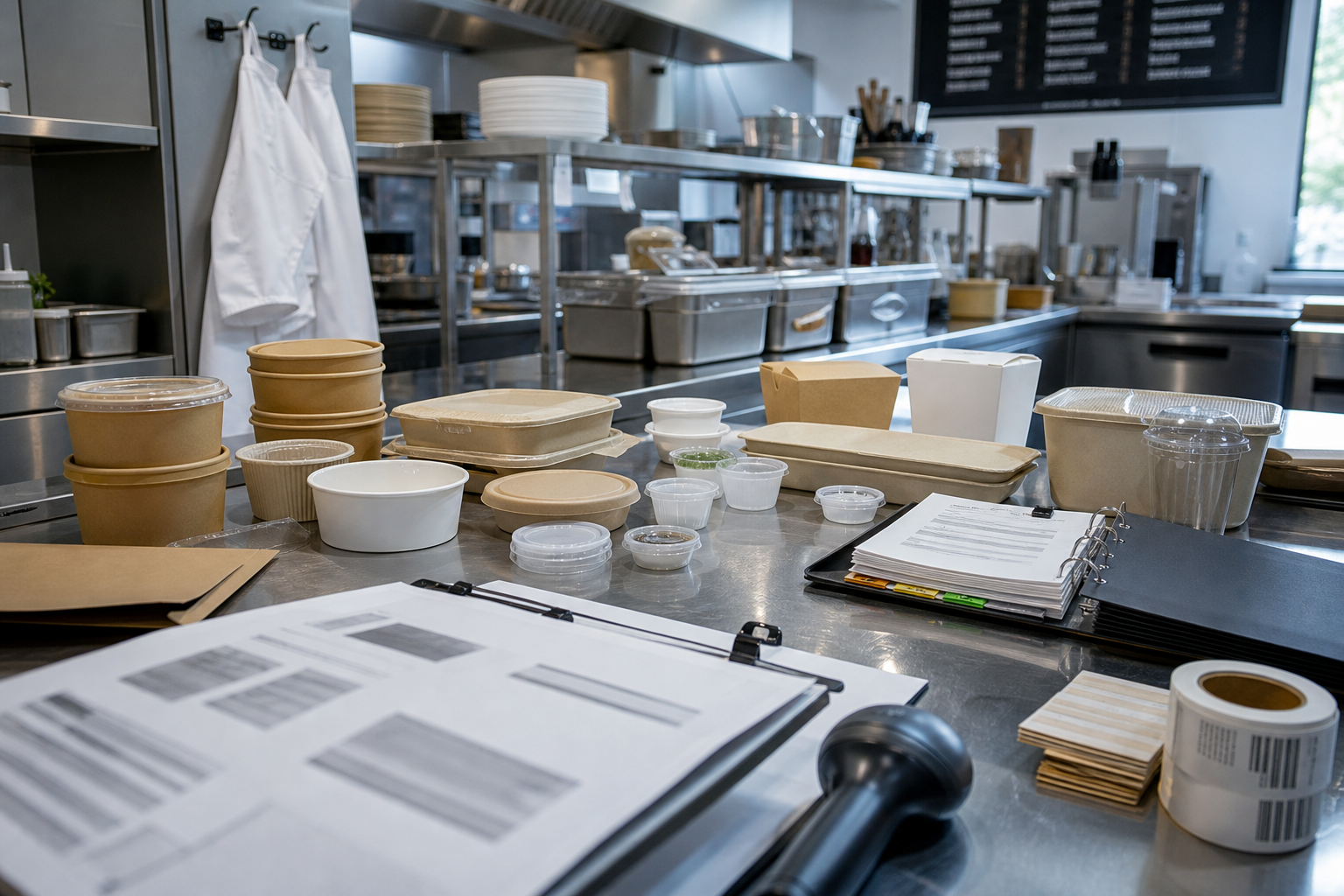 Counter in a professional French restaurant kitchen with packaging samples, supplier documents and stainless steel surfaces illustrating PPWR rules for the CHR.