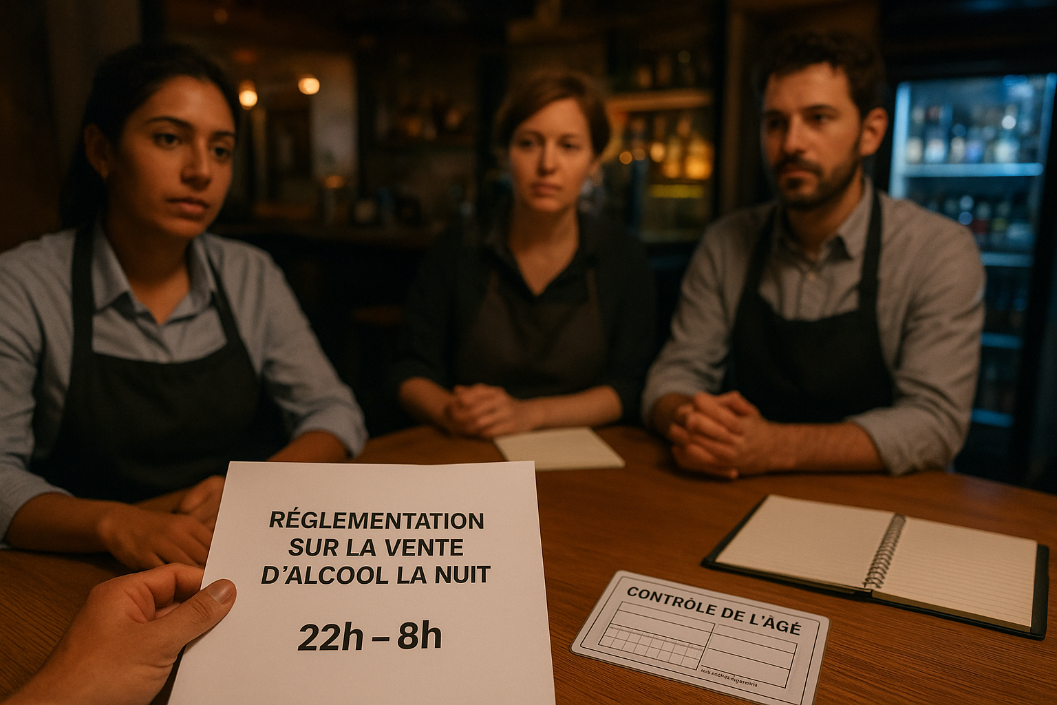 Formation professionnelle en CHR sur le PVBAN : documents 22h–8h et participants dans un bar/épicerie de nuit, ambiance de fin de soirée.