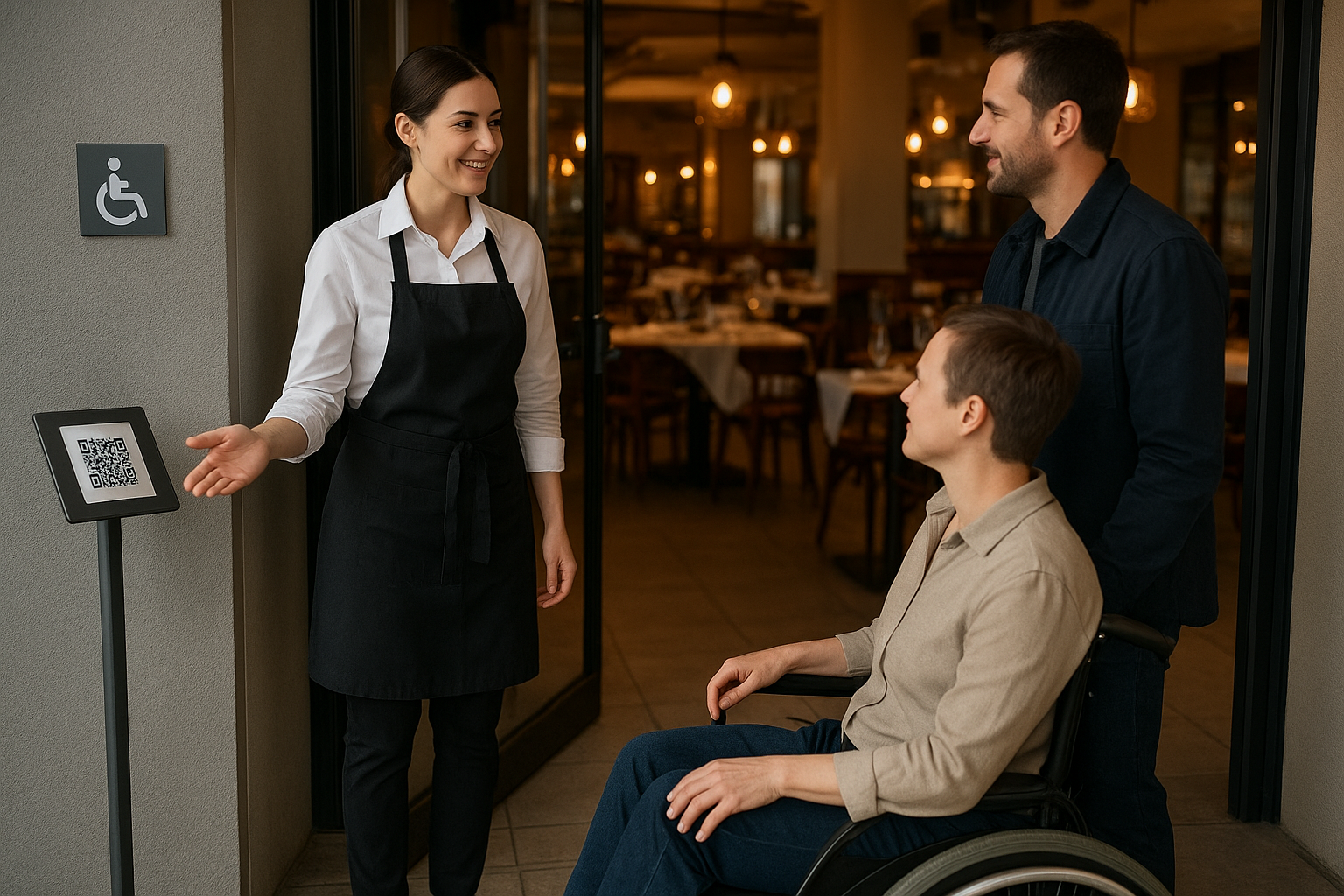 Accueil d’une personne en fauteuil roulant à l’entrée d’un restaurant français, avec rampe d’accès et QR code du registre public d’accessibilité, ambiance professionnelle CHR.