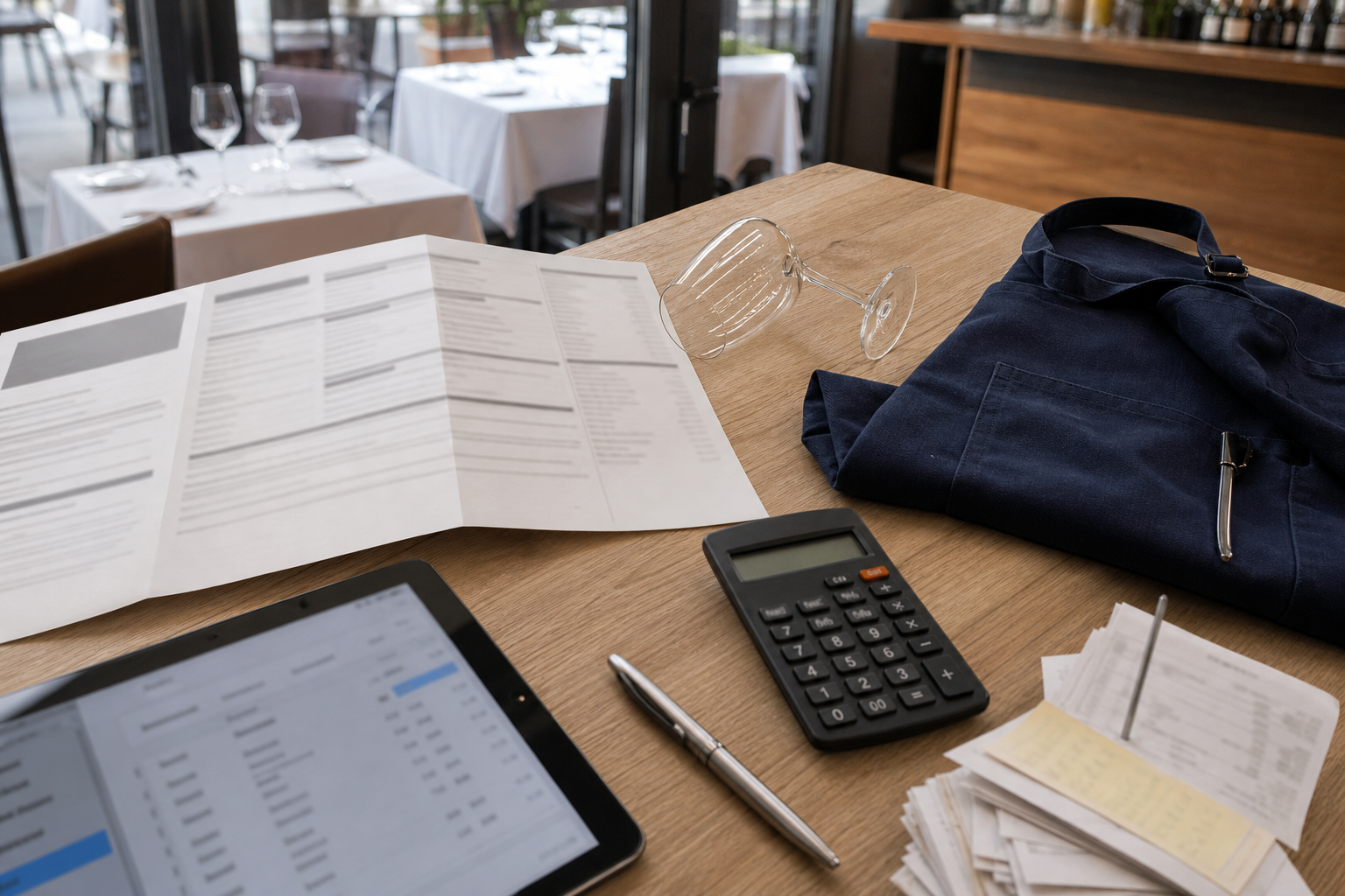 Vue plongeante d’un bureau de restaurant avec documents administratifs, calculatrice et menu, illustrant les redevances SACEM et SPRÉ en 2026 pour un bar ou un restaurant.