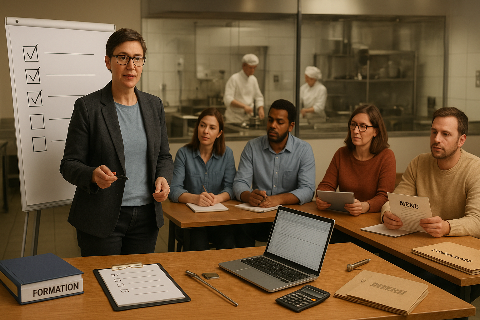 Séance de formation professionnelle CHR avant ouverture d’un restaurant, avec futurs restaurateurs en salle et cuisine inox en arrière-plan, illustrant obligations, hygiène HACCP et gestion.